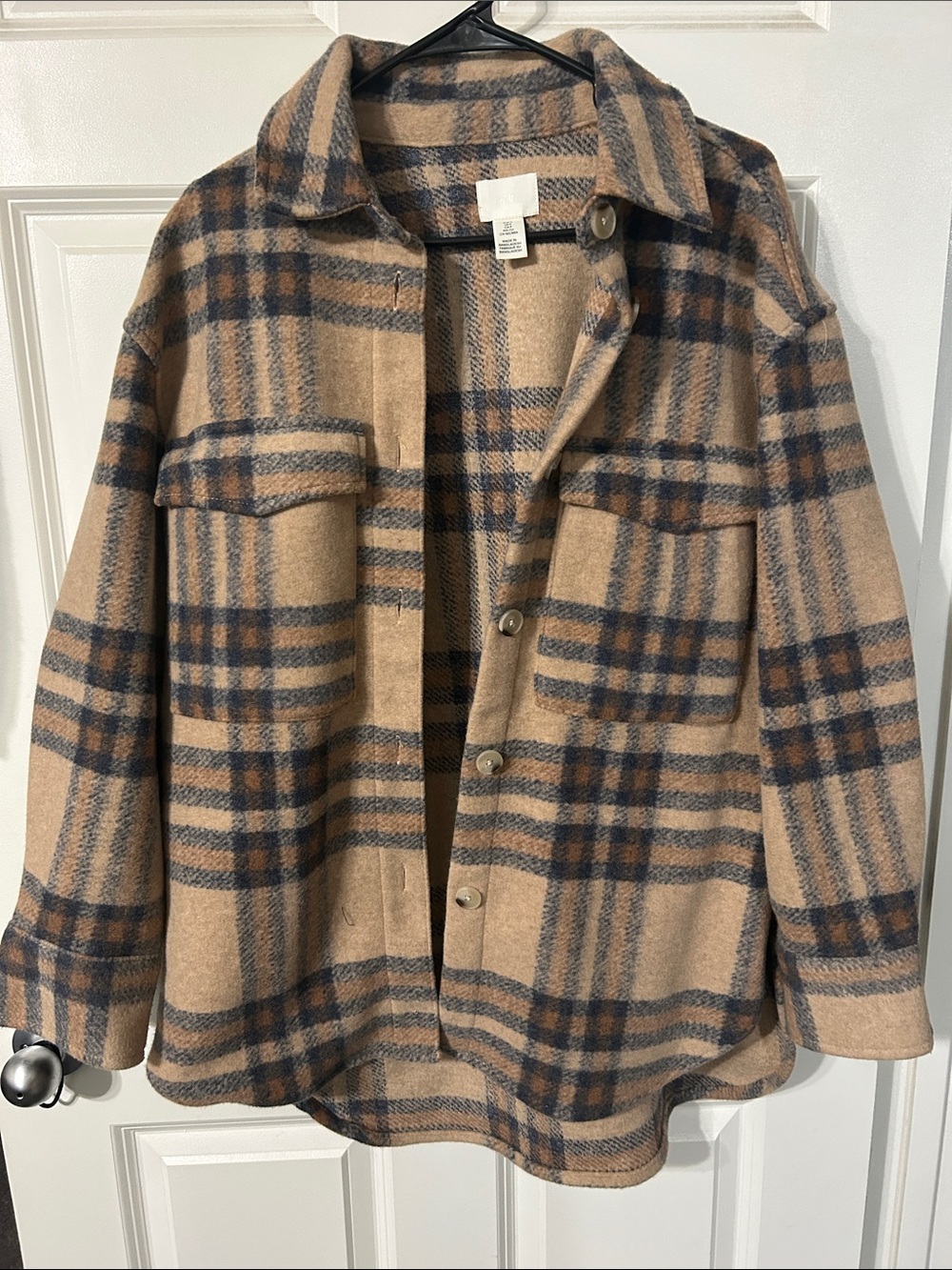 H&M Beige and Navy Plaid Shacket
